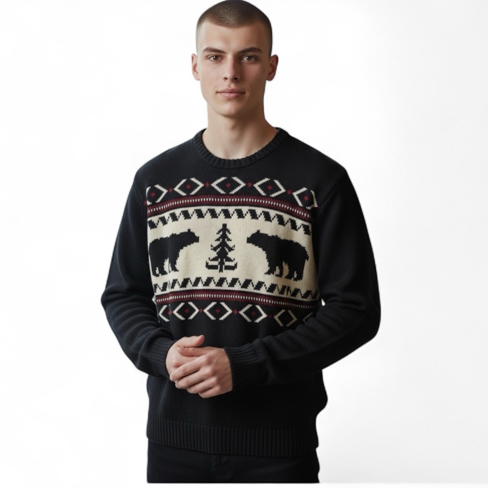 Chaps Ralph Lauren Black Cream Bear Pattern Fair Isle Crewneck Sweater L Cotton